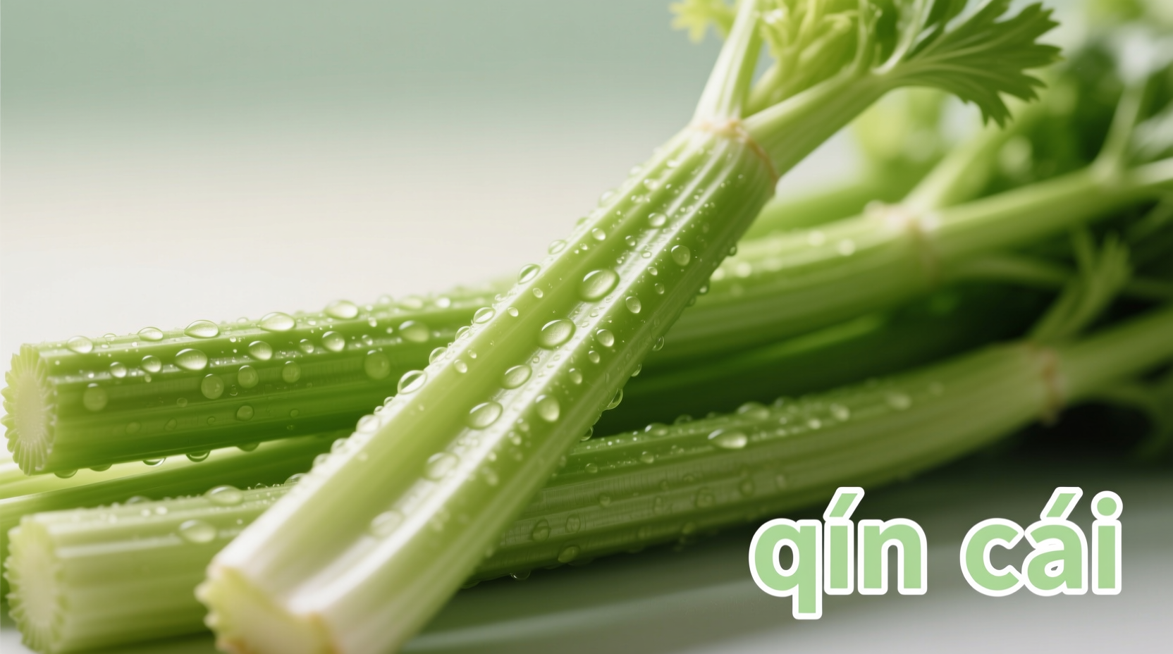 Close-up of fresh celery stalks with pronunciation guide