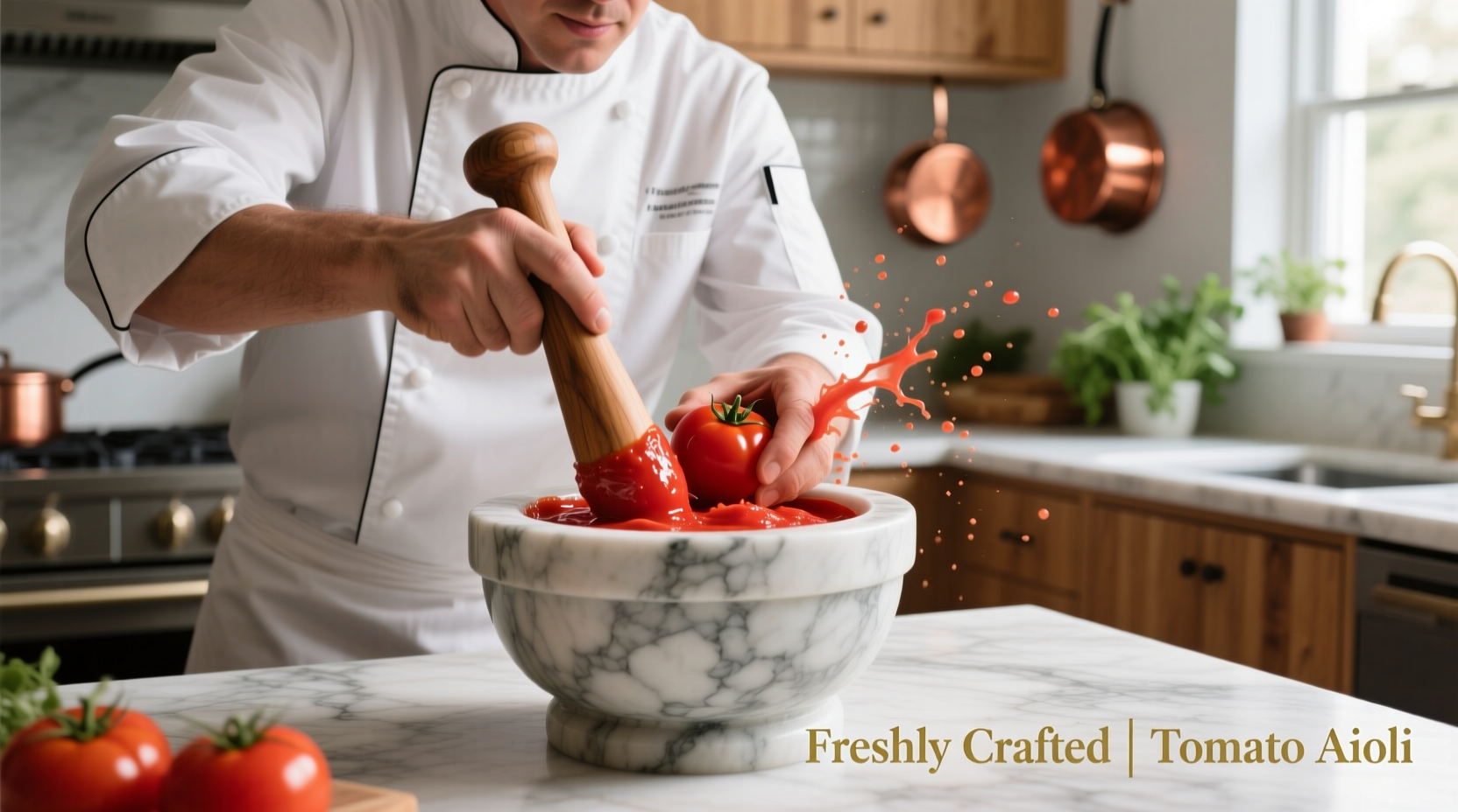 Chef preparing vibrant red tomato aioli in marble mortar