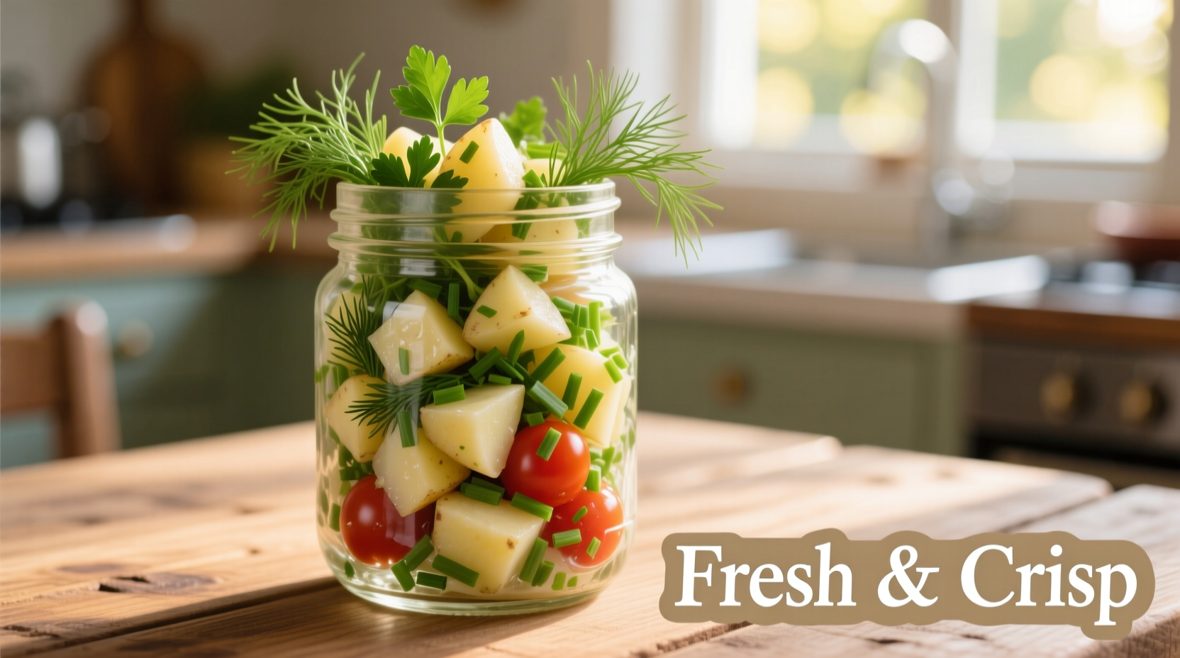 Fresh potato salad in glass container with herbs