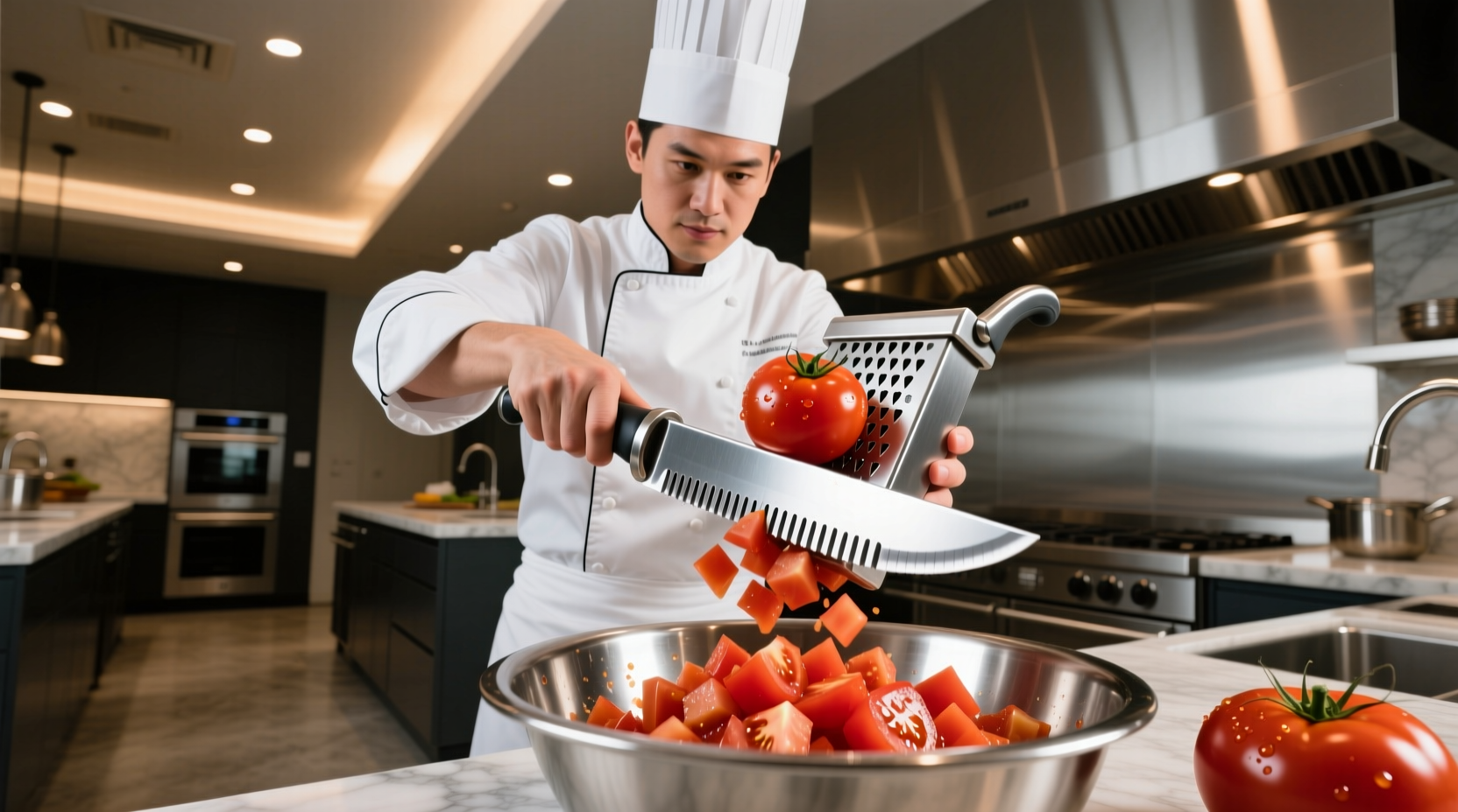 Professional chef using stainless steel tomato dicer on Roma tomatoes
