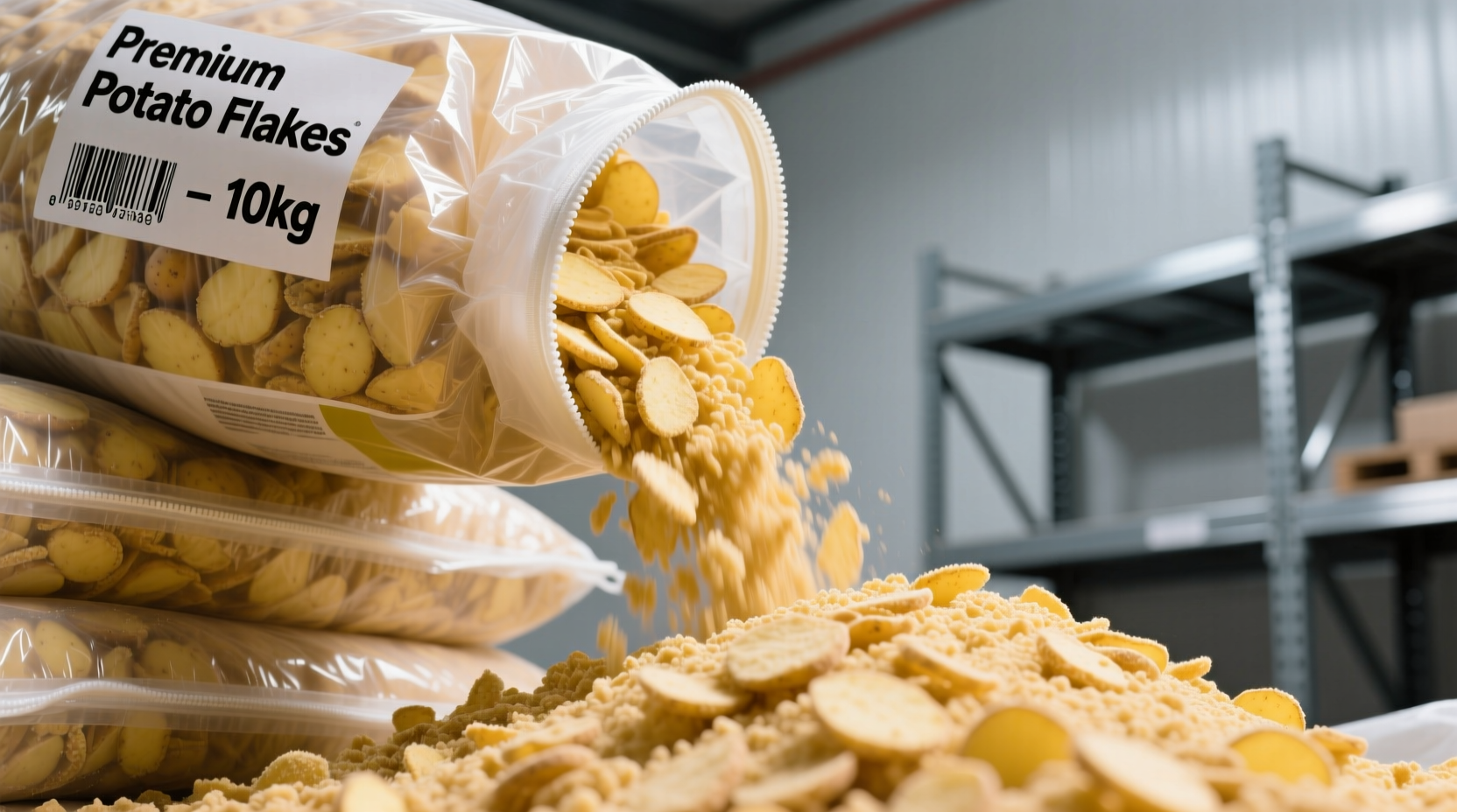 Bulk potato flakes in industrial packaging