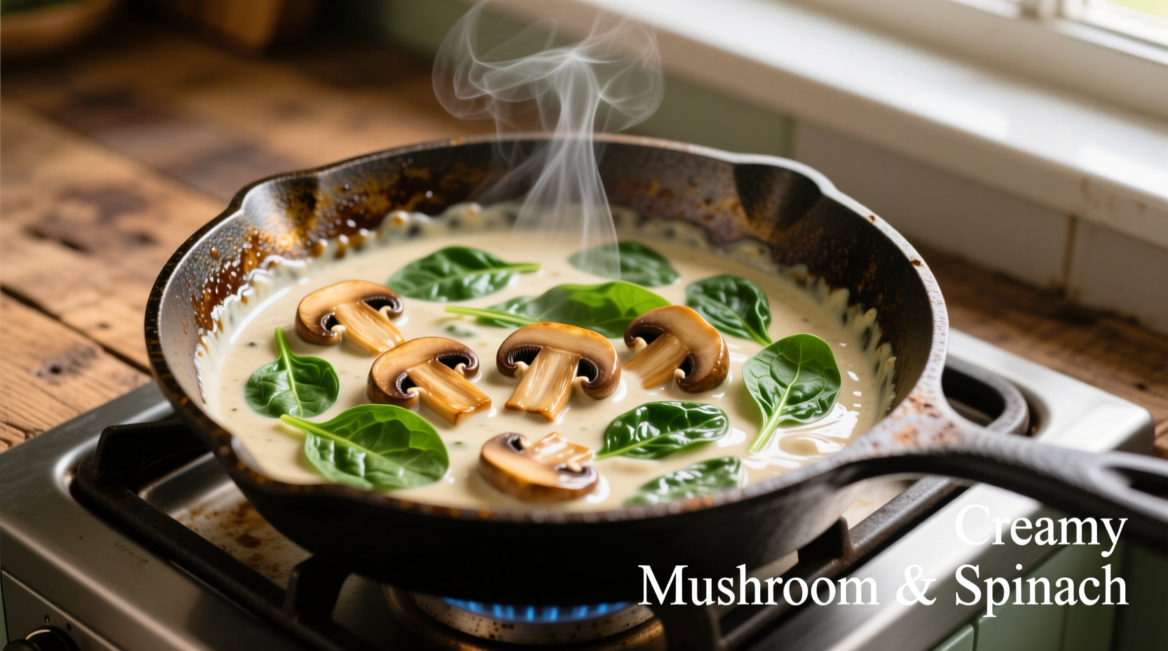 Creamy mushroom and spinach sauce in skillet