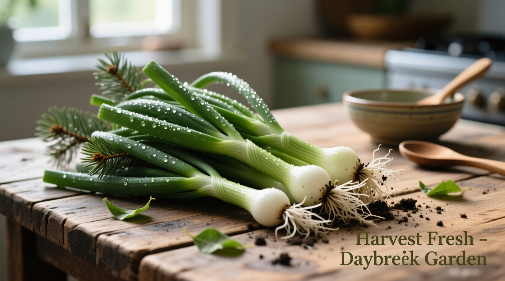 Freshly harvested evergreen bunching onions on wooden table