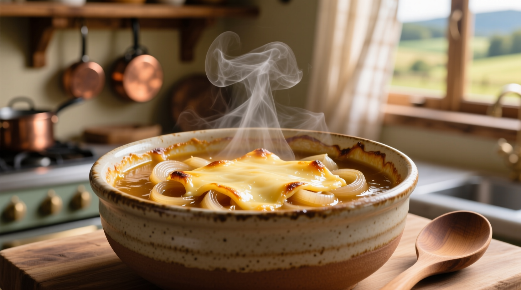 Steaming chicken French onion soup in ceramic bowl