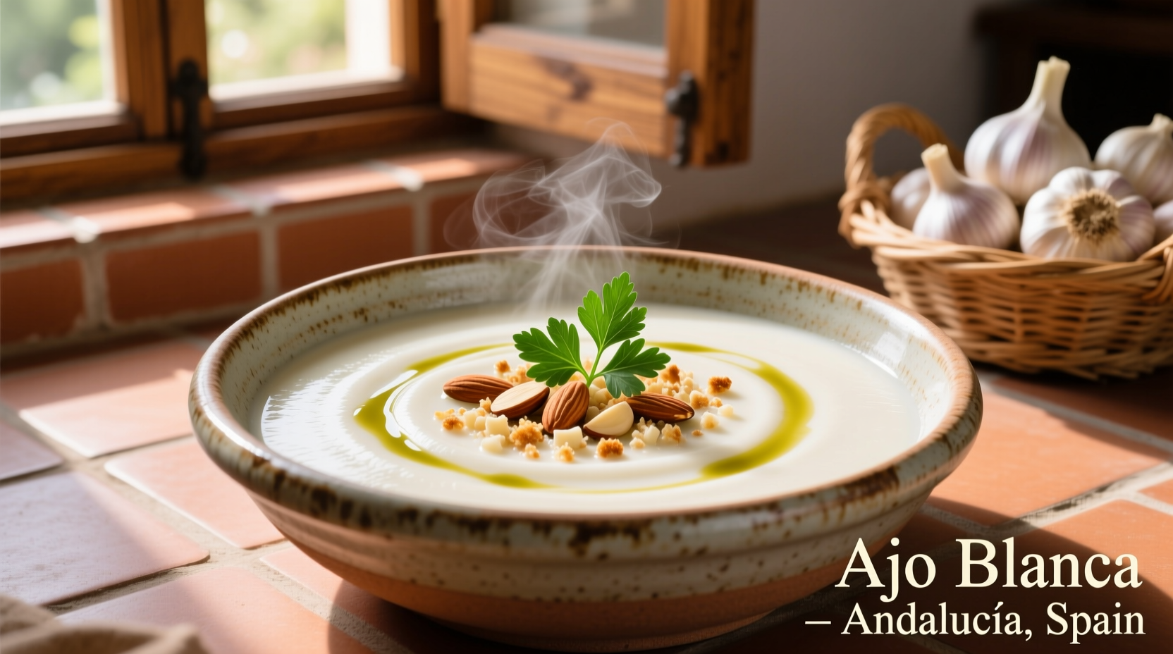 Traditional Spanish garlic soup in ceramic bowl