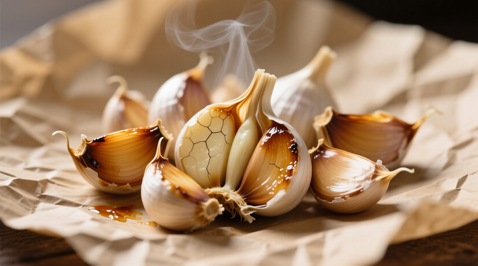 Roasted garlic cloves on parchment paper