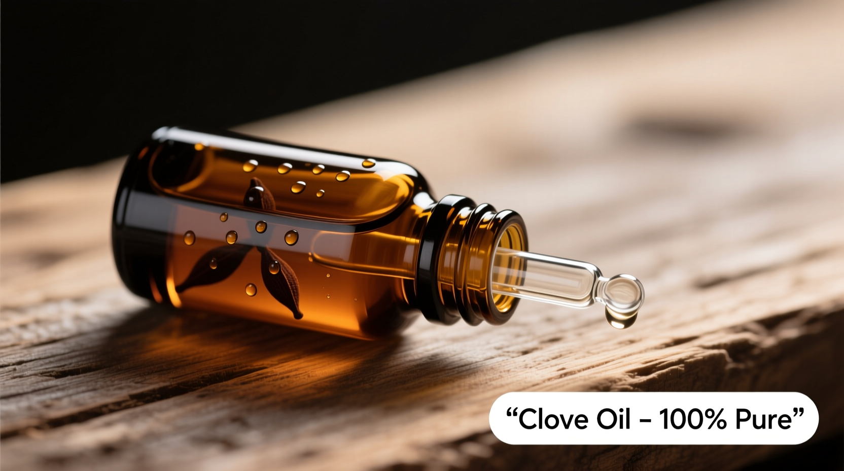 Clove oil bottle with dropper on wooden surface