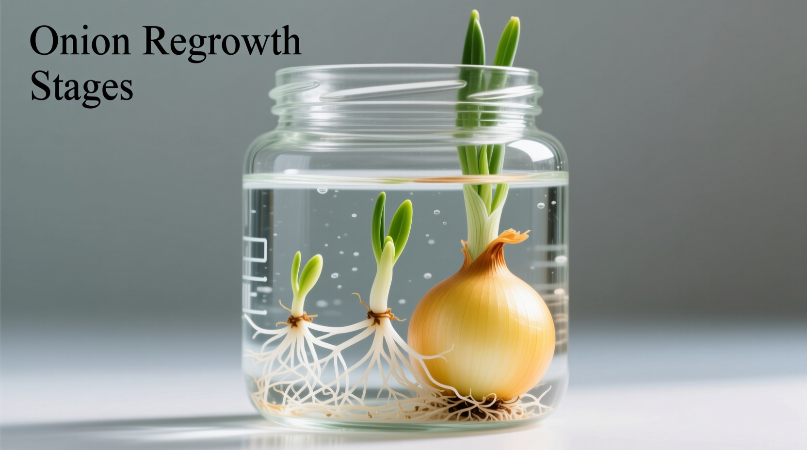 Onion regrowth stages in glass jar
