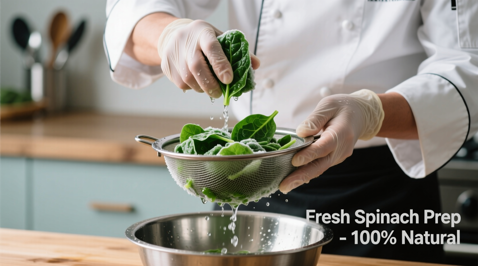 Chef squeezing excess water from thawed frozen spinach