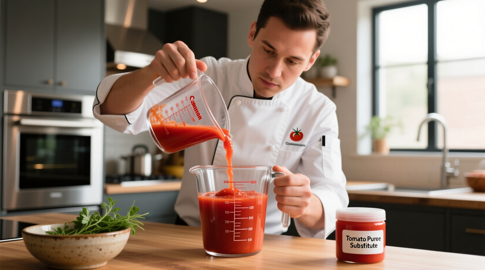 Chef measuring tomato puree substitute in kitchen