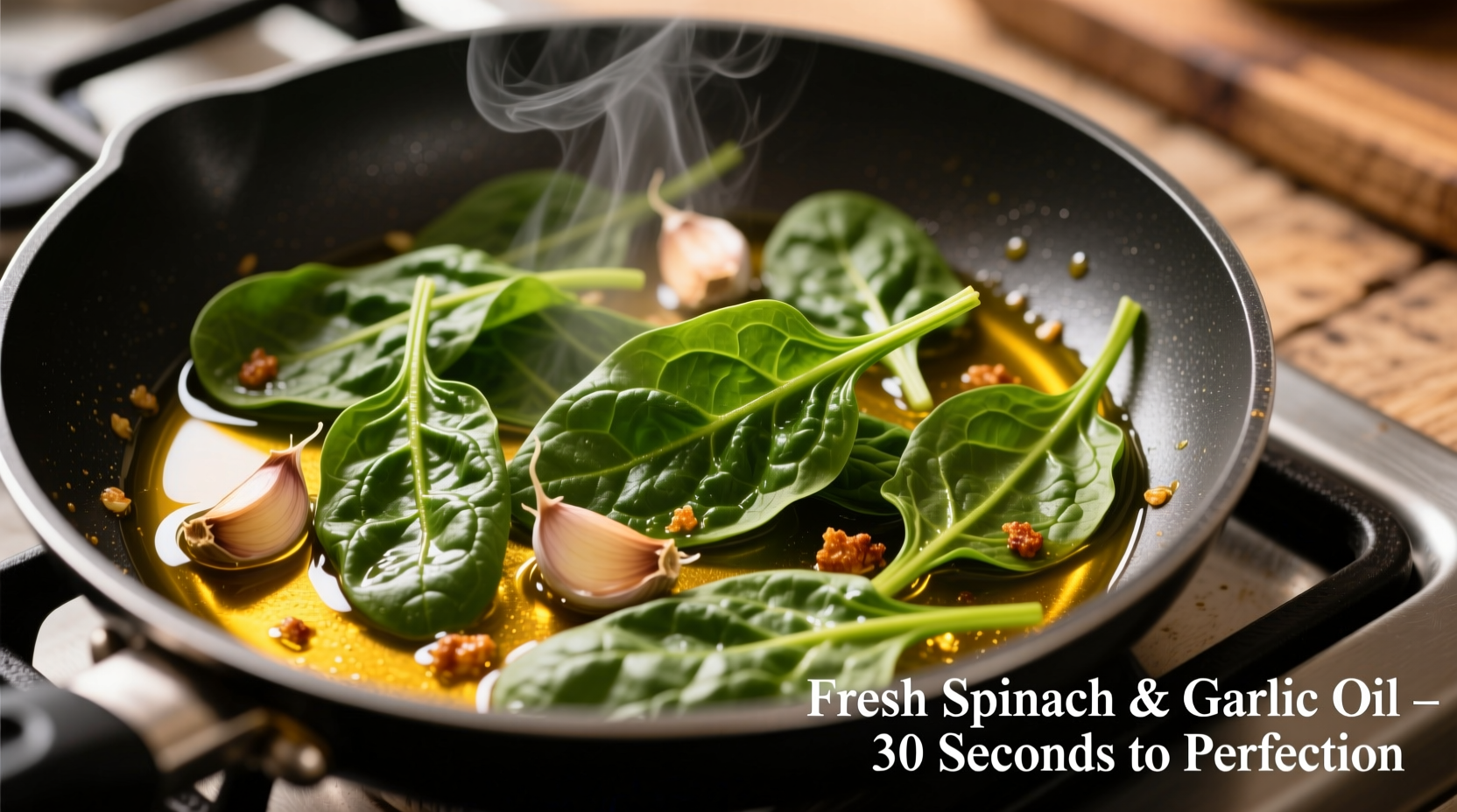 Fresh spinach wilting in garlic-infused olive oil