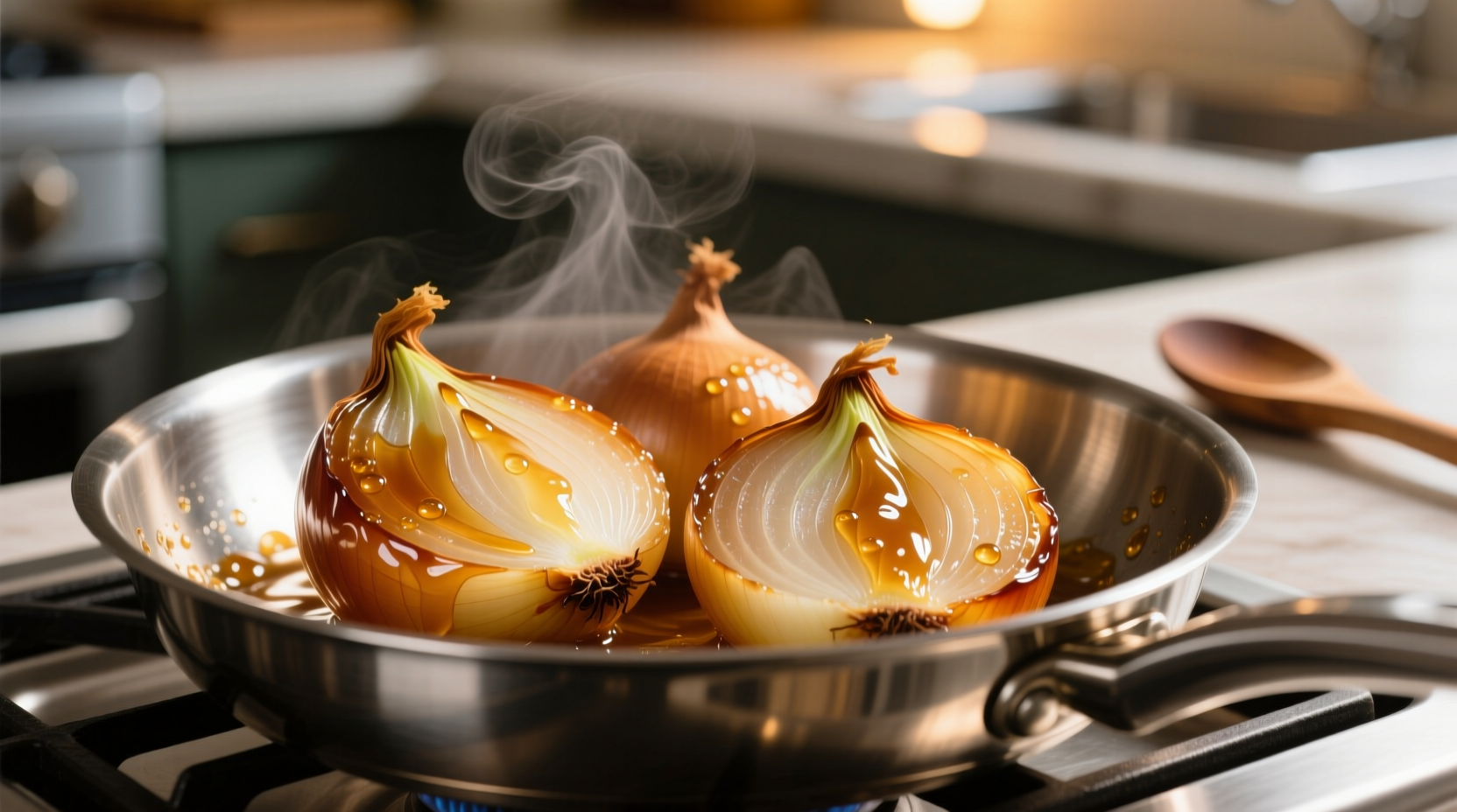 Freshly caramelized onions in stainless steel pan