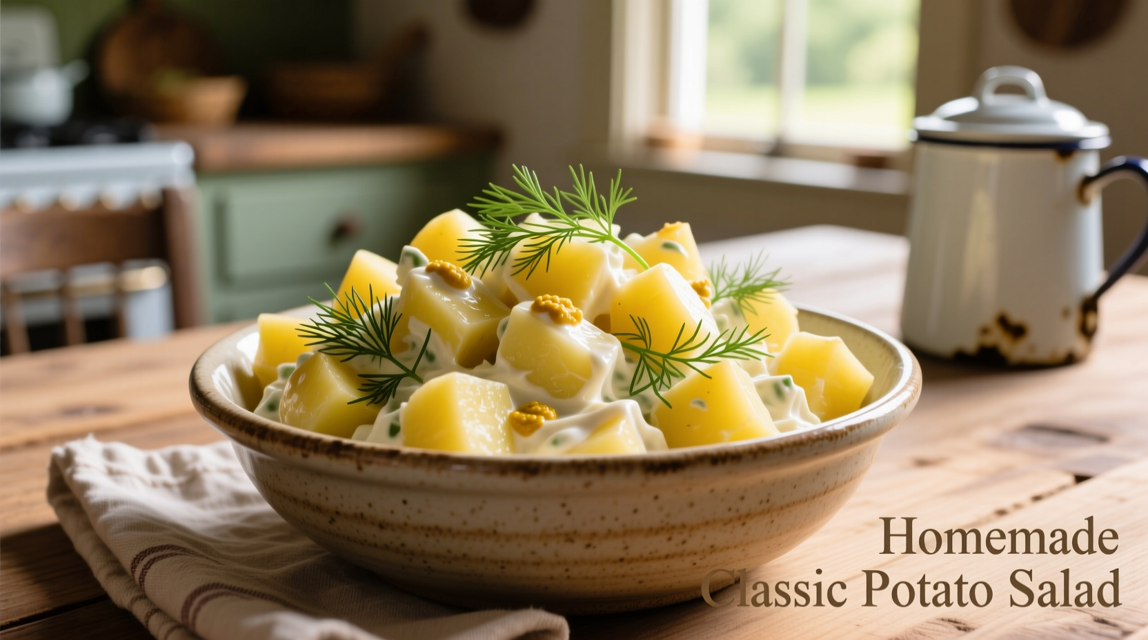Classic potato salad in serving bowl with fresh dill garnish