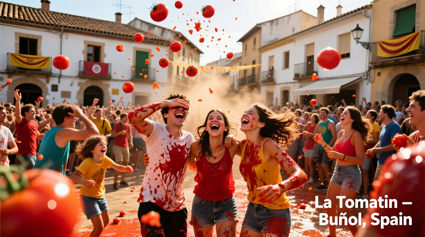 Crowd participating in tomato throwing festival in Spain