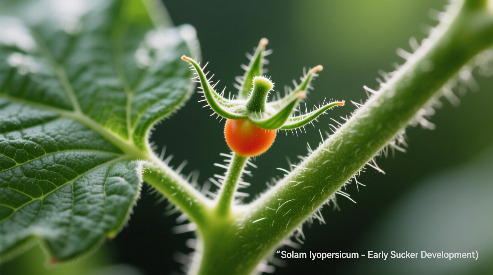 Close-up of tomato sucker growing between leaf and main stem