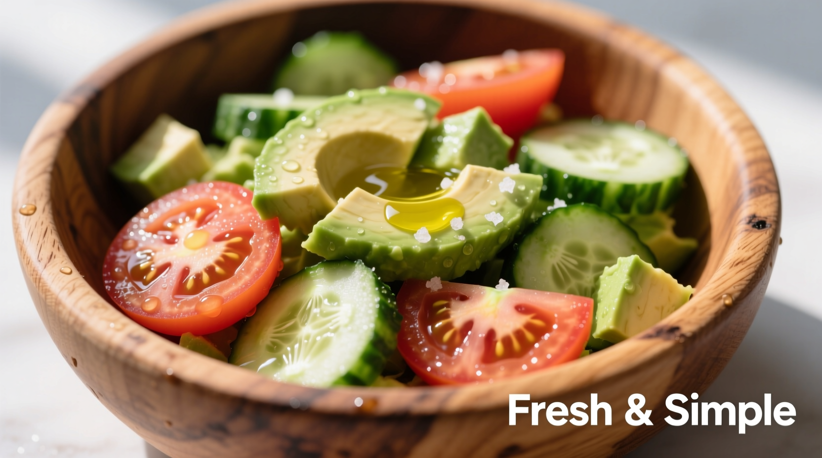 Fresh cucumber tomato avocado salad in wooden bowl