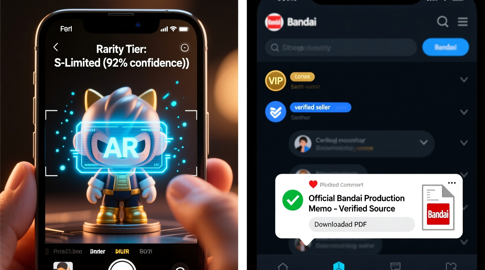 Side-by-side visual: left panel shows smartphone app scanning a figurine’s hologram label with real-time 'Rarity Tier: S-Limited (92% confidence)' overlay; right panel displays a forum thread with color-coded user badges, verified seller icon, and pinned comment linking to official Bandai production memo PDF