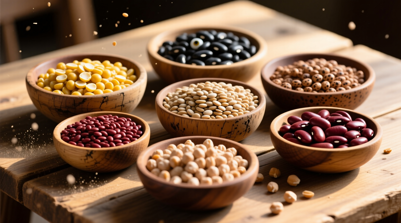 Assorted dried pulses in wooden bowls