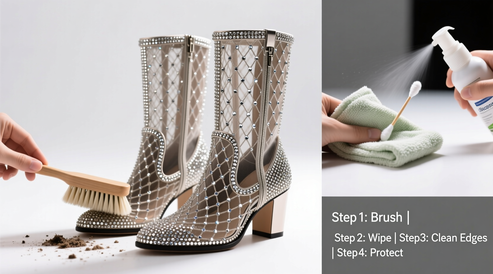 step by step tips for effectively cleaning and protecting rhinestone mesh boots