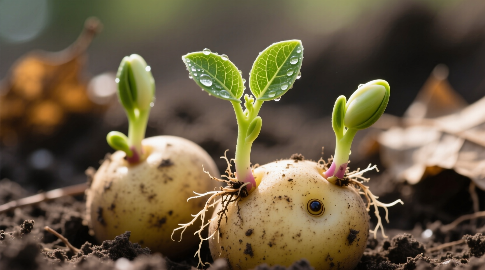 Fresh potatoes with sprouts showing natural growth process