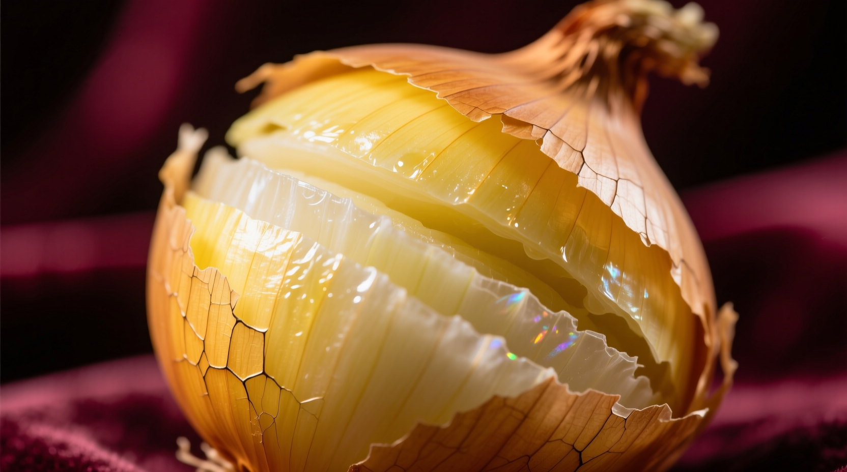 Close-up of yellow onion with visible layers and papery skin