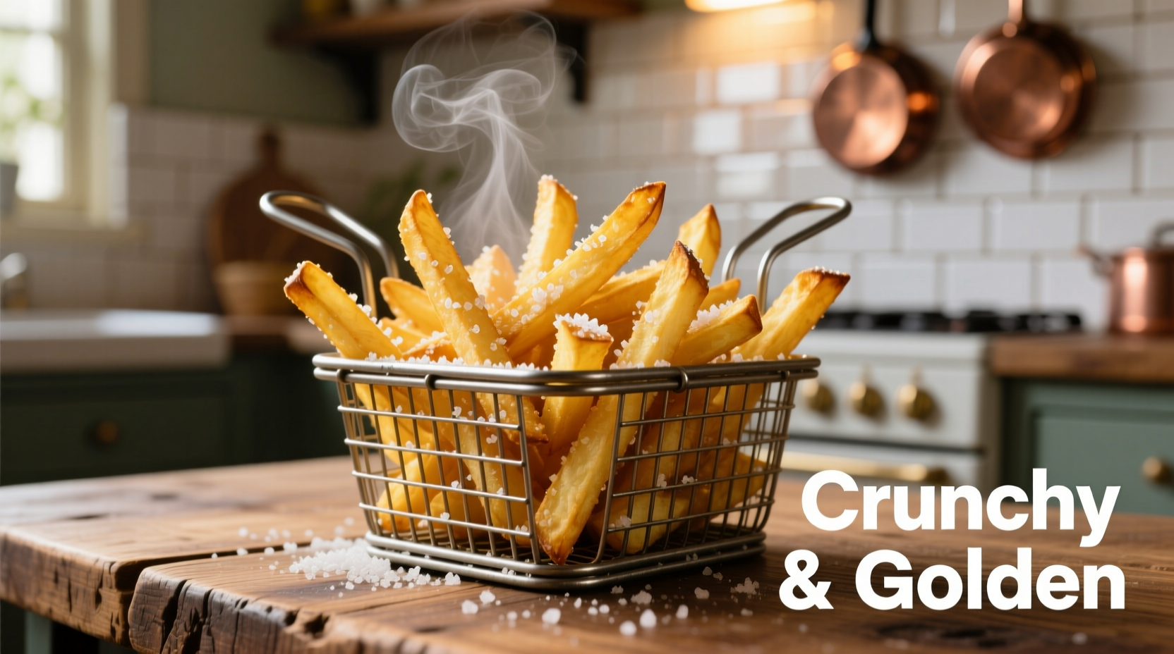 Perfect golden potato fries in metal basket with salt sprinkled