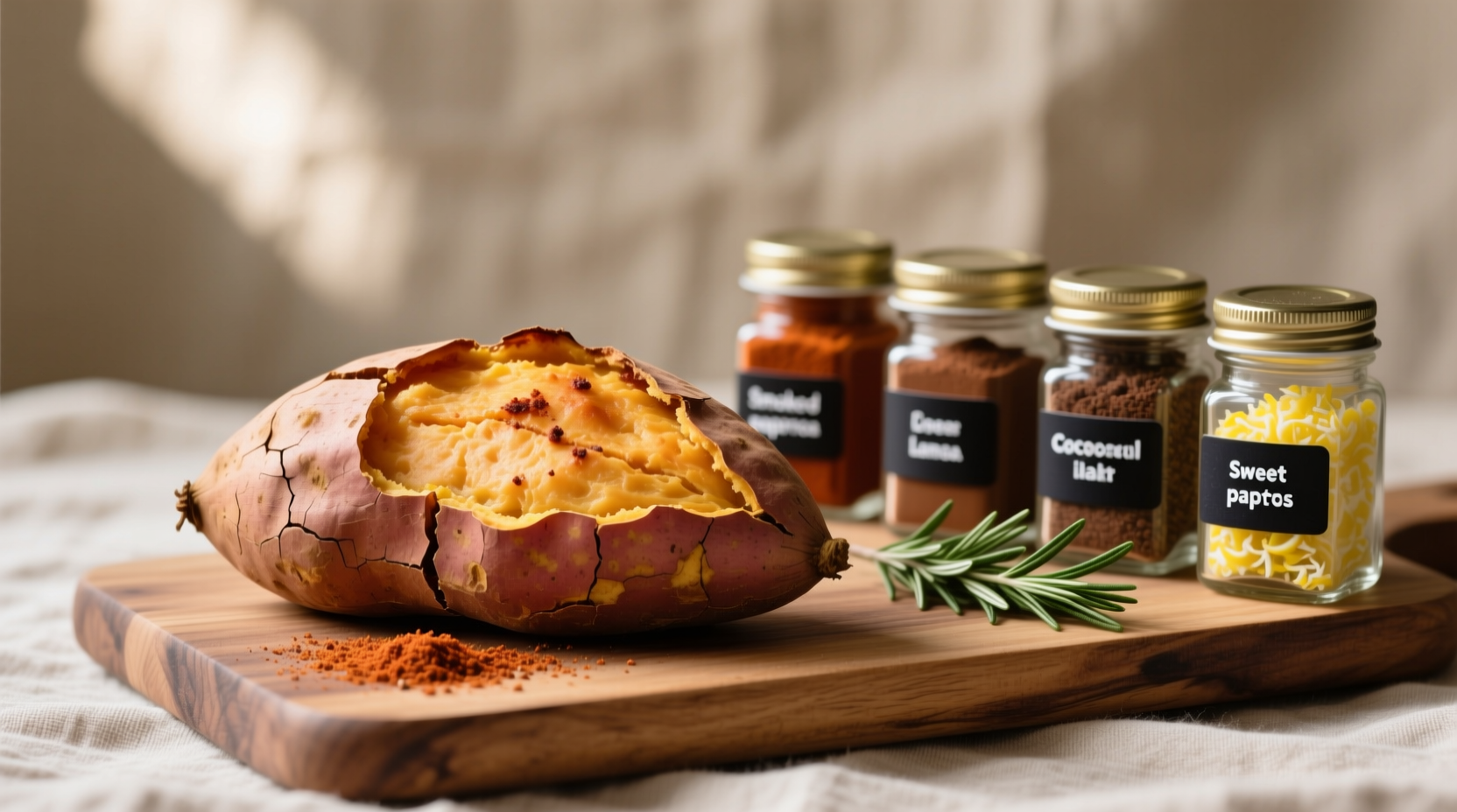 Close-up of spice jars: smoked paprika, cocoa powder, fresh rosemary, and lemon zest arranged beside a baked sweet potato