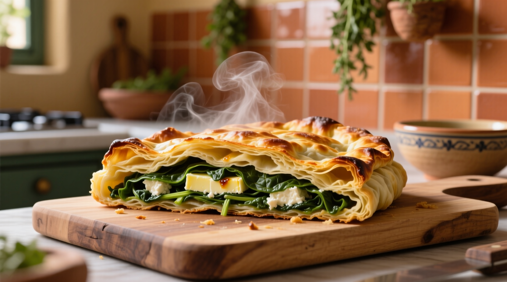 Freshly baked Greek spanakopita with visible flaky layers
