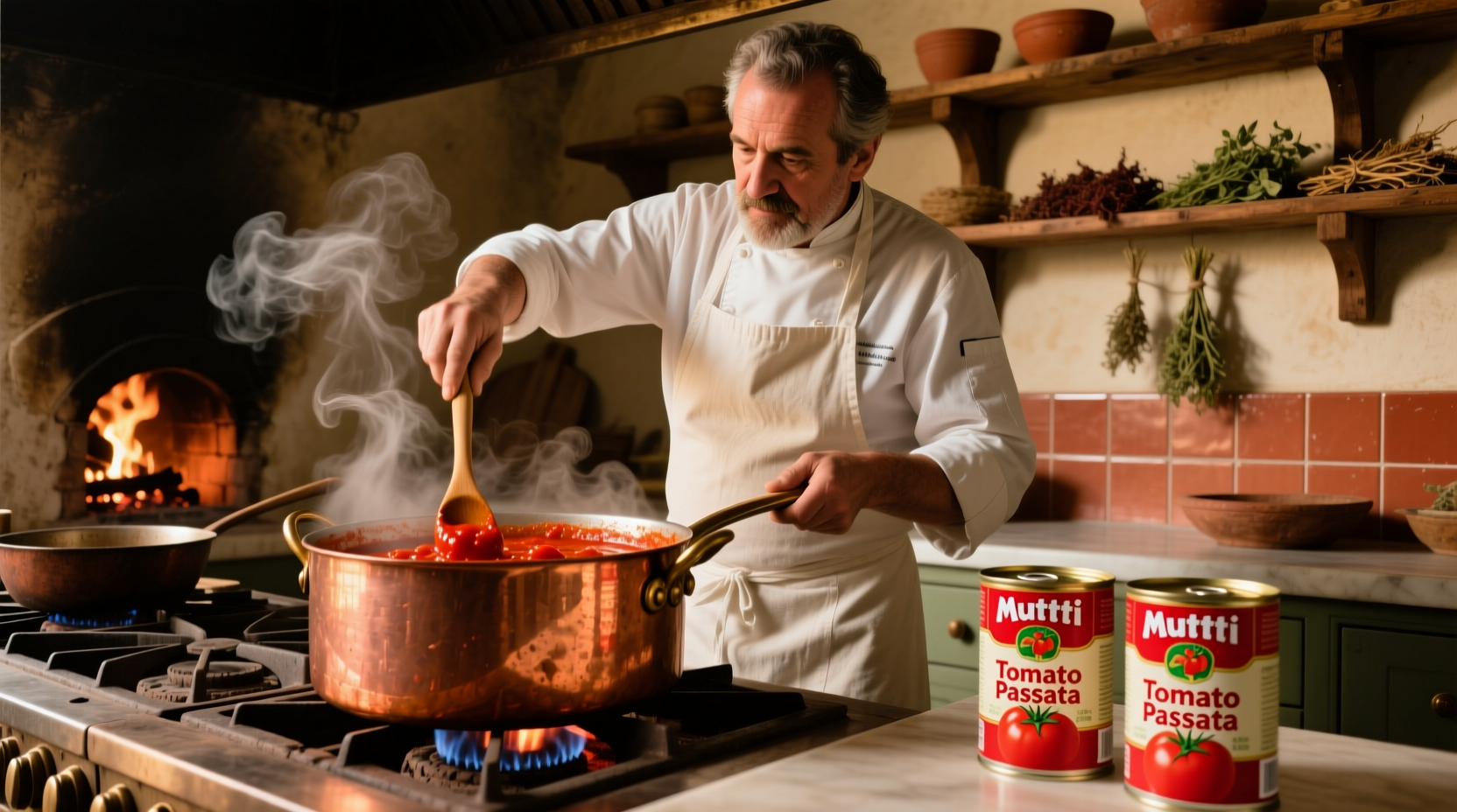 Chef stirring tomato sauce in copper pot with Mutti cans