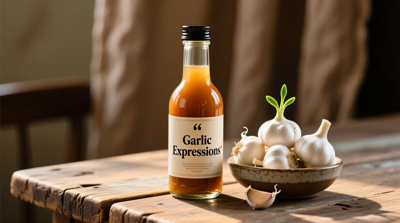Bottle of Garlic Expressions dressing next to fresh garlic cloves