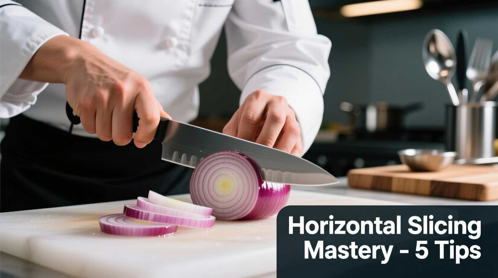 Chef demonstrating proper horizontal onion slicing technique