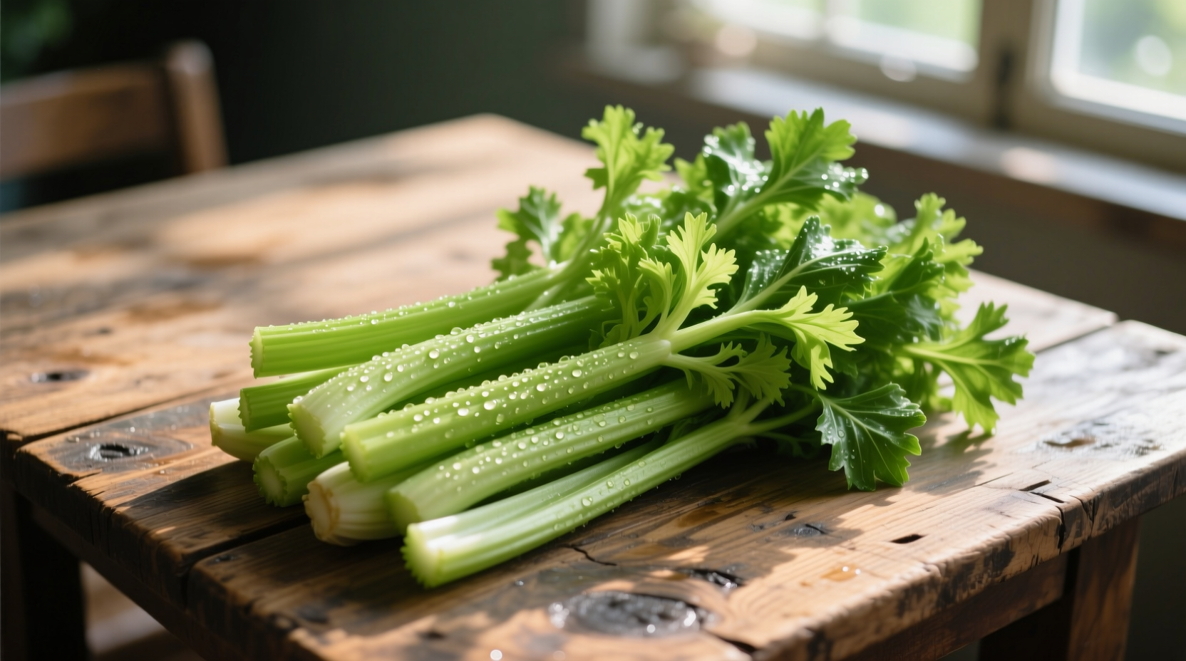 Fresh celery flats with vibrant green leaves on wooden table