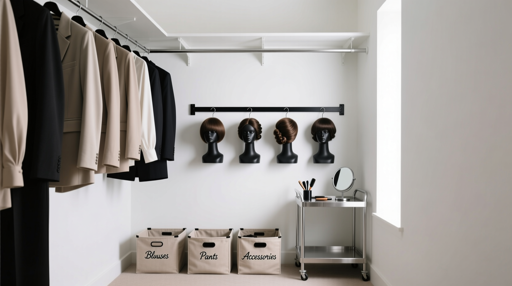 A narrow standard closet showing a dual-hang rod system: upper rod holding blouses and slacks, lower rod fitted with five evenly spaced wall-mounted wig head hooks, each holding a styled synthetic wig facing inward; three labeled fabric bins sit beneath on the floor, and a slim rolling cart occupies the rear corner