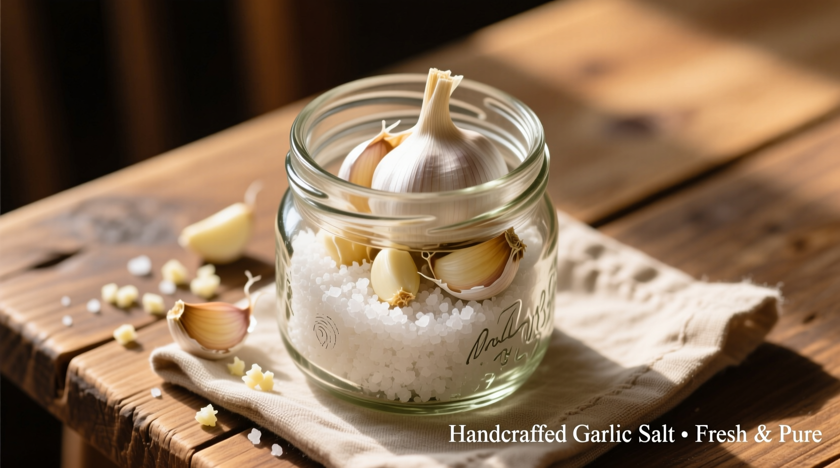 Homemade garlic salt in mason jar with fresh garlic cloves