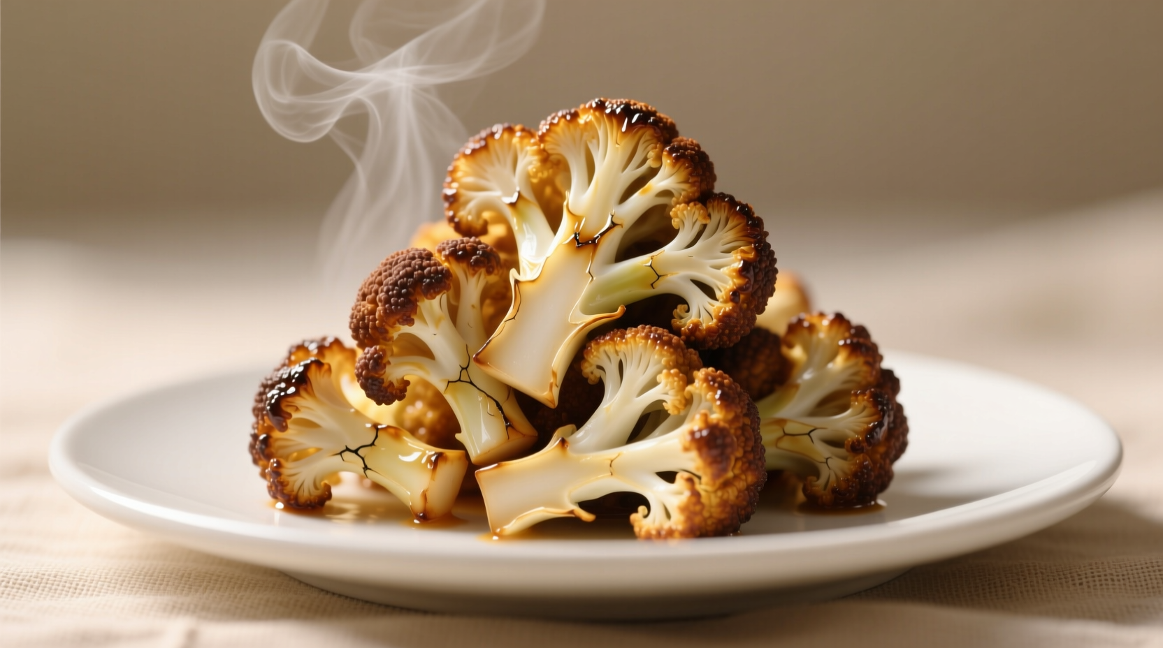 Golden brown buffalo cauliflower florets on white plate