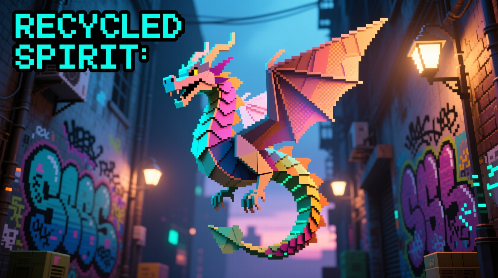 Vibrant pixel art dragon sculpture made from recycled paper