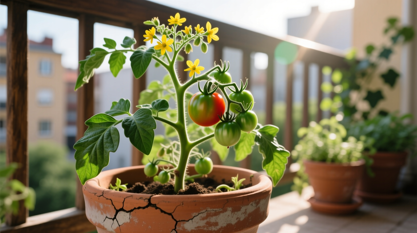 Healthy tomato plant in container garden