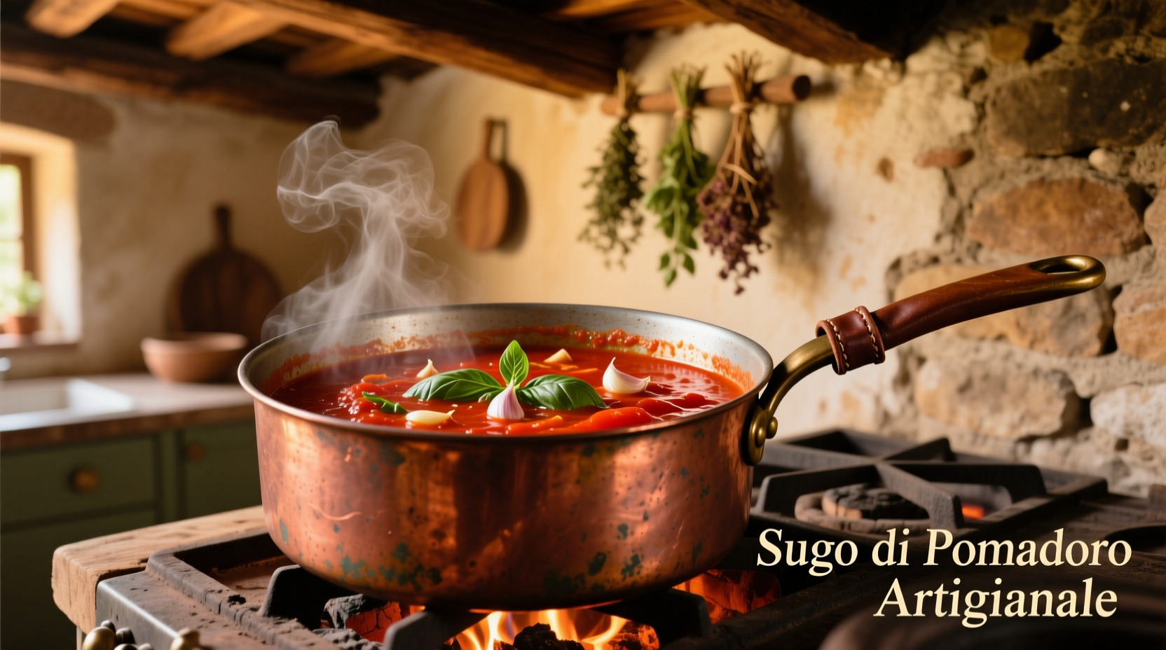 Traditional Italian pomodoro sauce simmering in copper pot