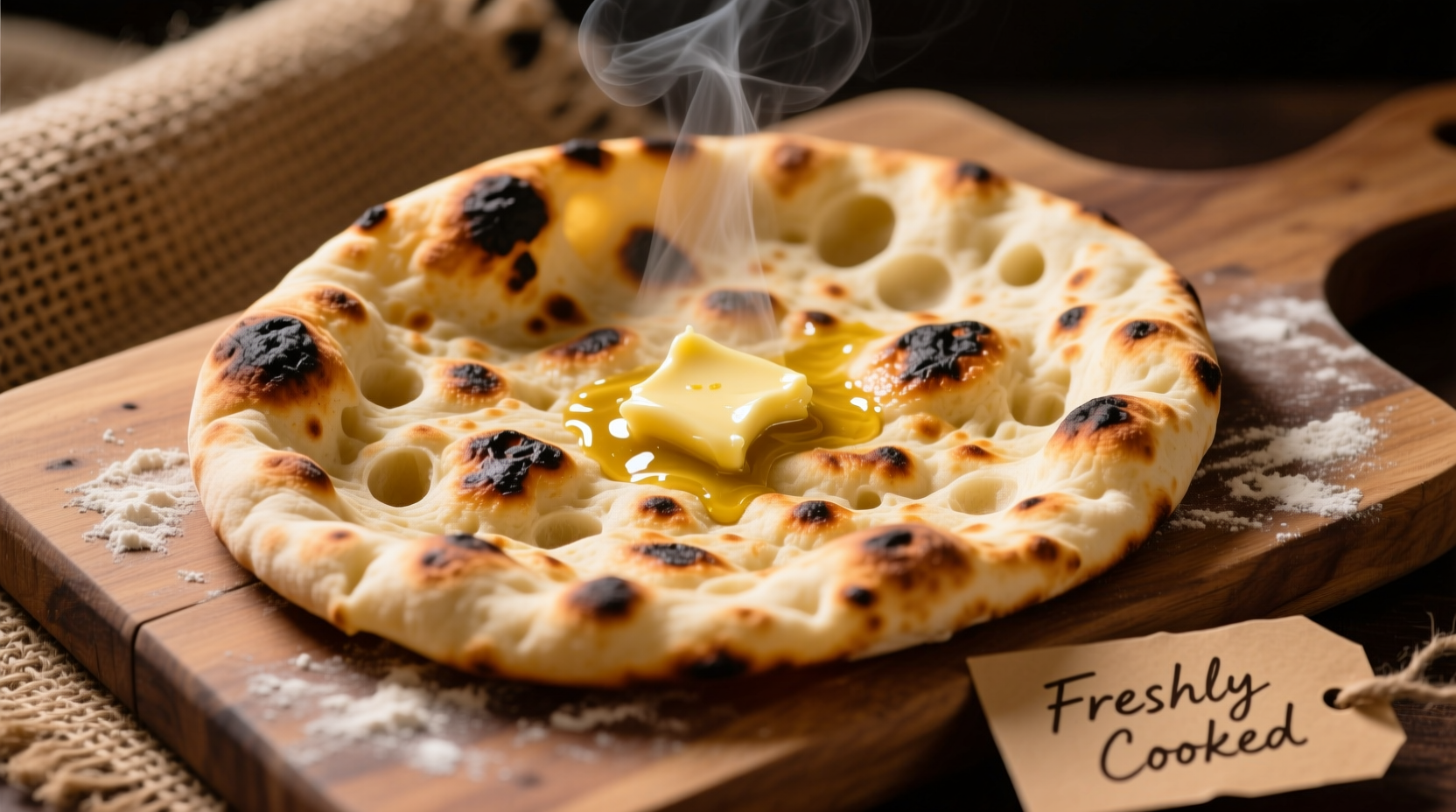 Freshly cooked garlic naan with visible char marks