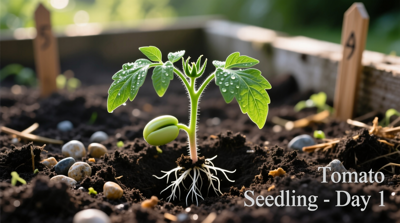 Healthy tomato seedling being planted in garden soil