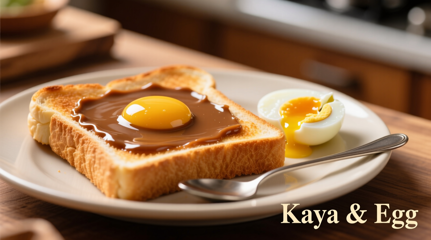Traditional kaya spread on toasted bread with soft-boiled eggs