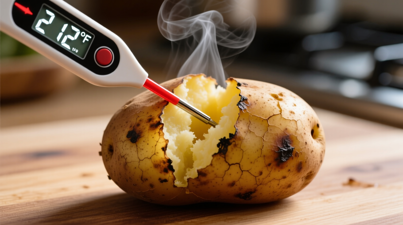 Thermometer measuring baked potato temperature
