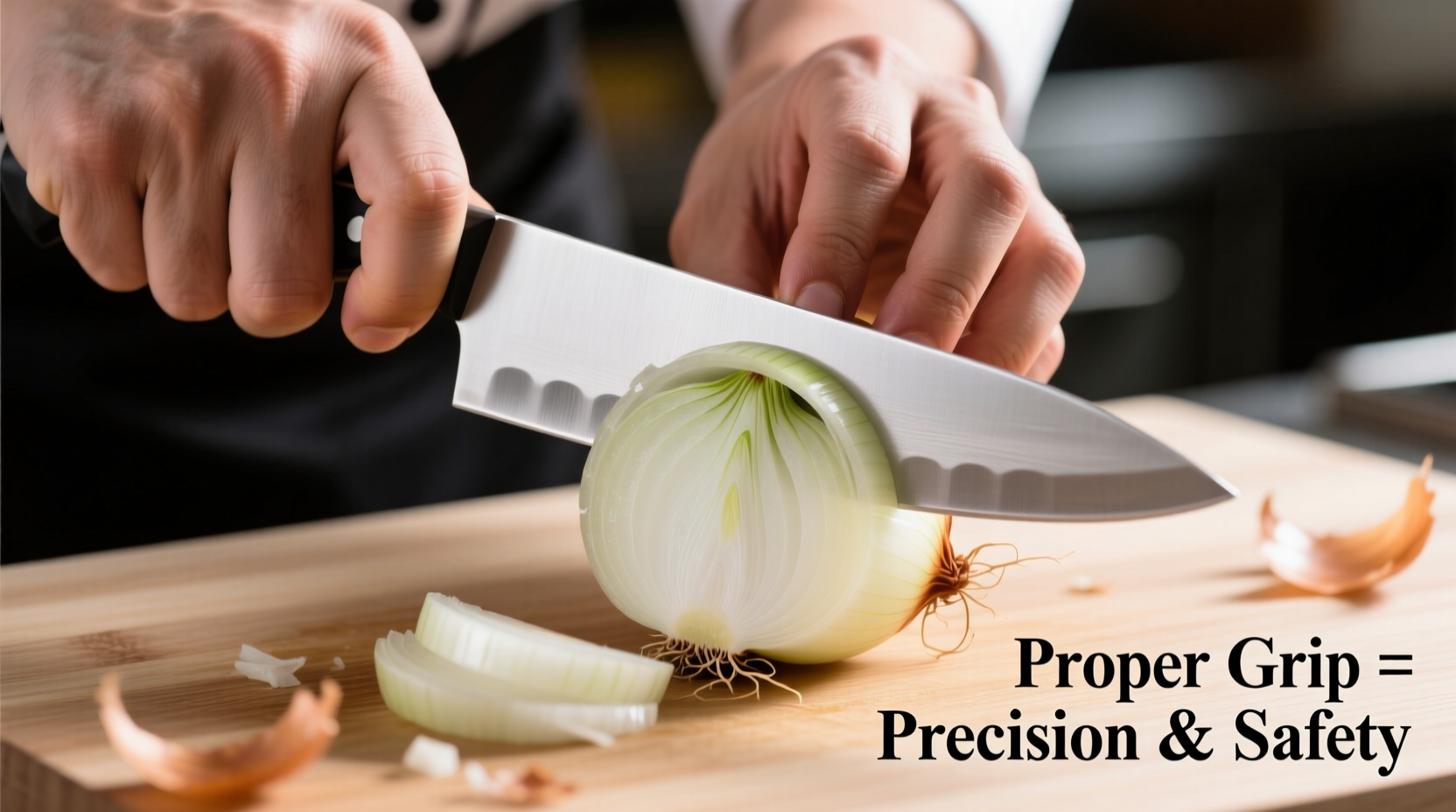 Chef's hand demonstrating proper onion chopping grip