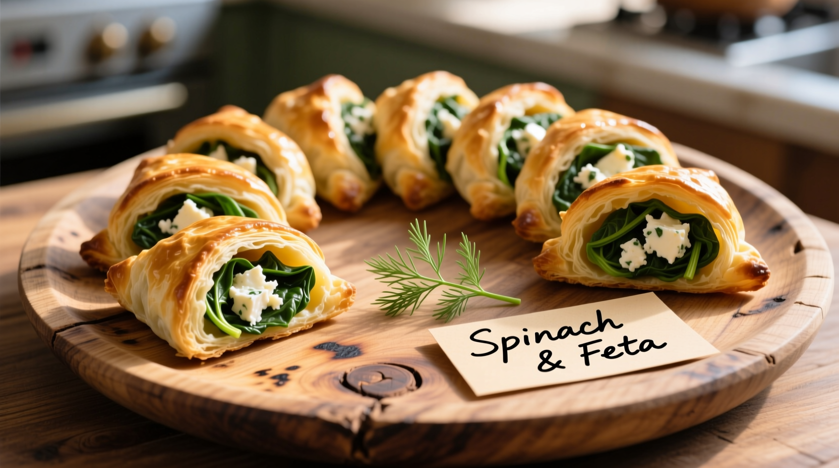 Golden spinach feta pastry puffs arranged on a rustic platter