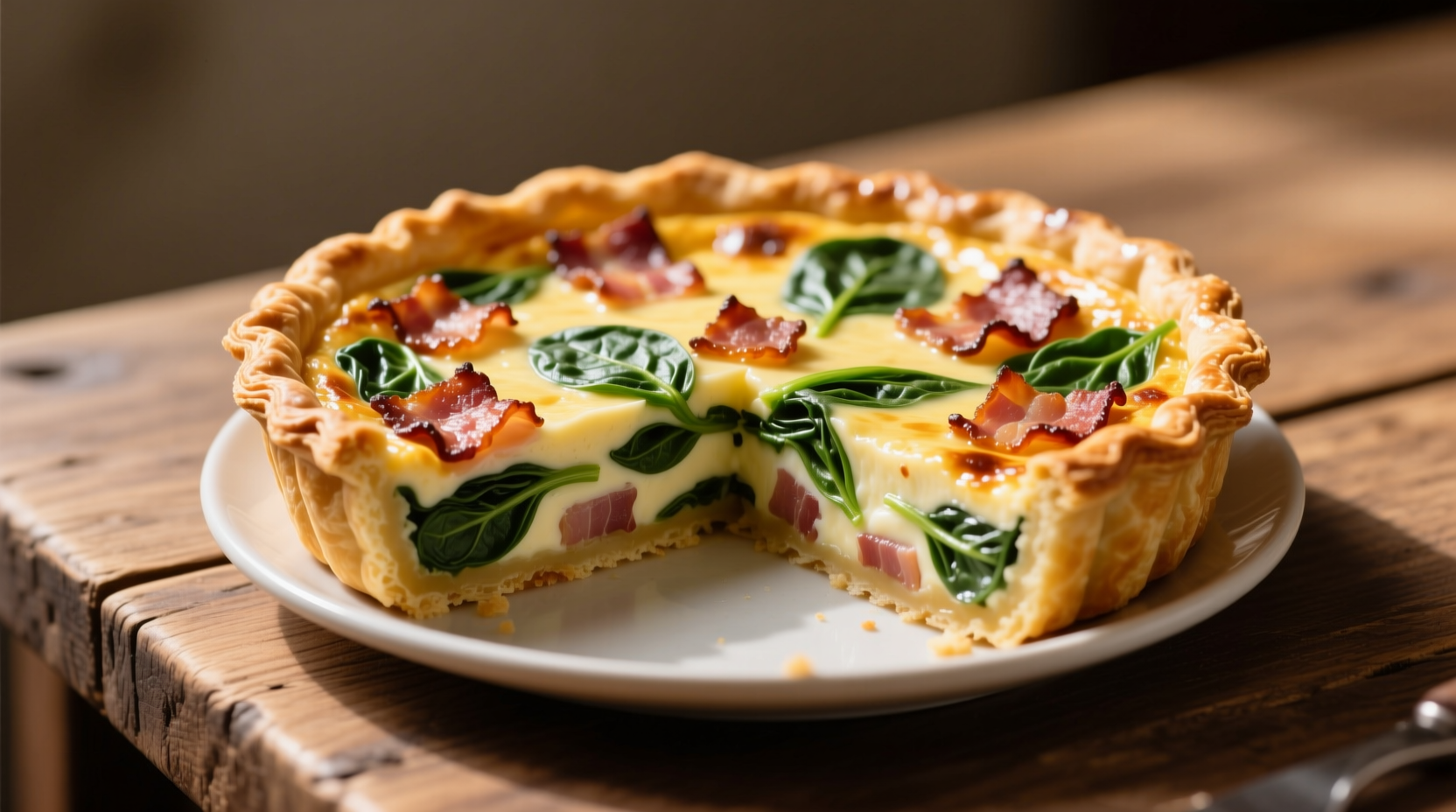 Perfectly baked bacon and spinach quiche with golden crust