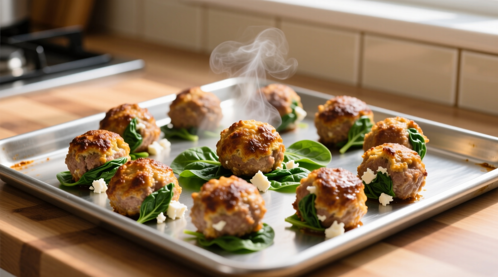 Golden brown turkey spinach feta meatballs on baking sheet