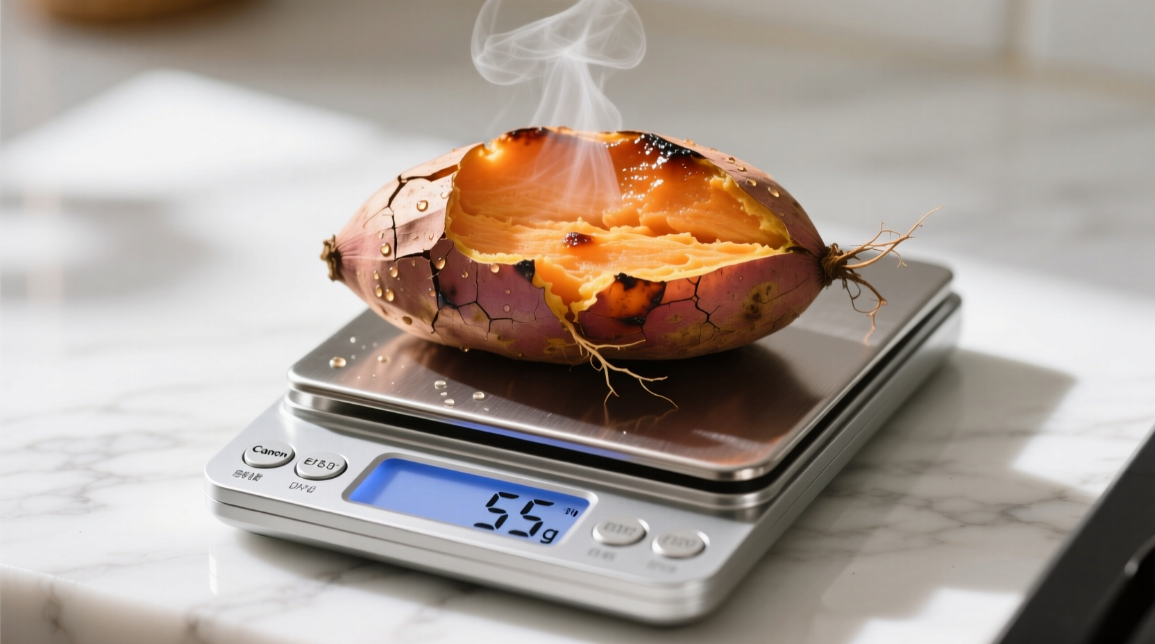 Half a baked sweet potato on a kitchen scale showing 55g weight
