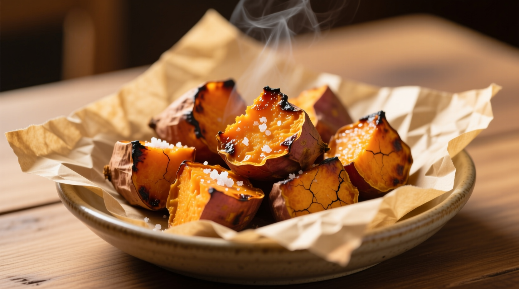 Golden roasted sweet potato chunks on parchment paper