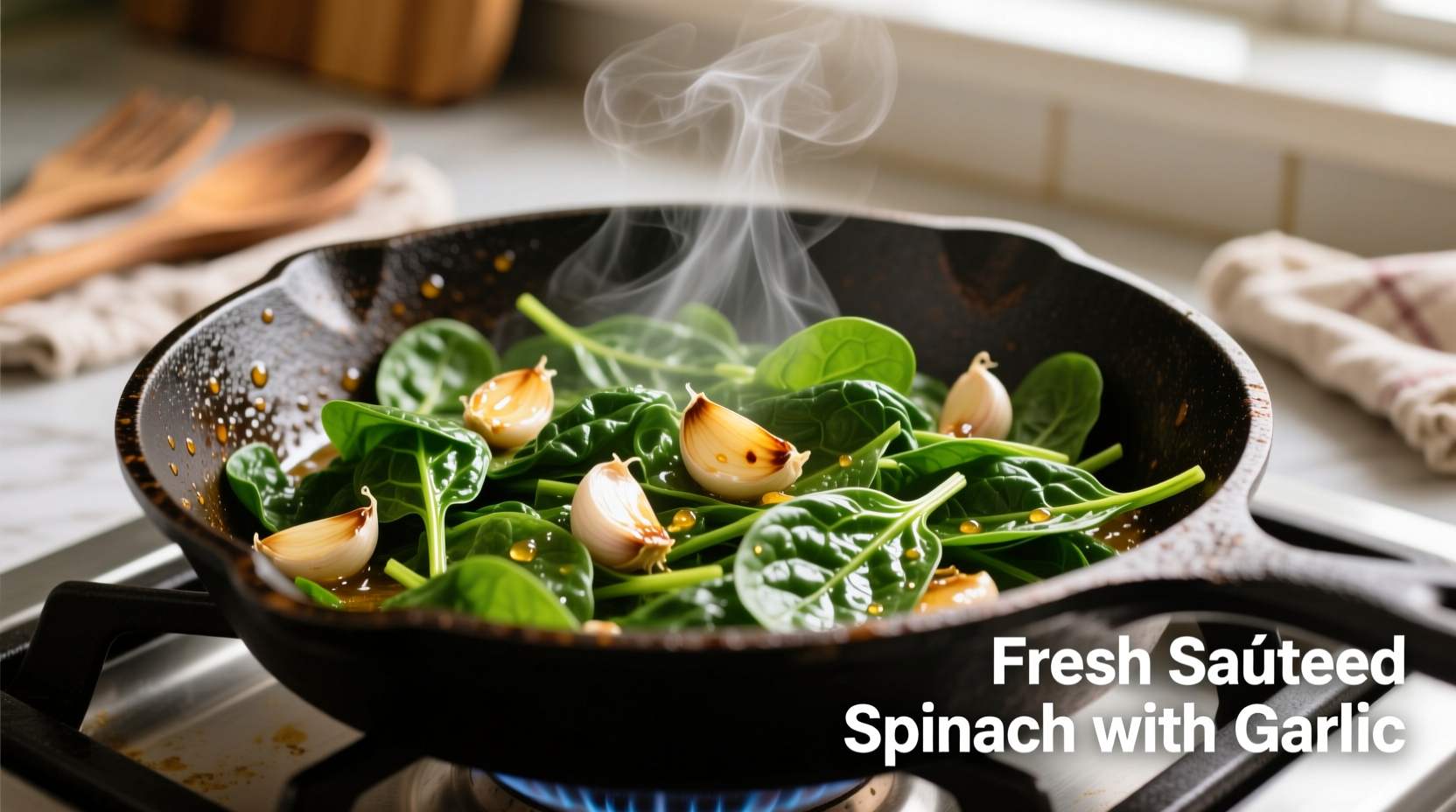 Fresh sautéed spinach with garlic in skillet