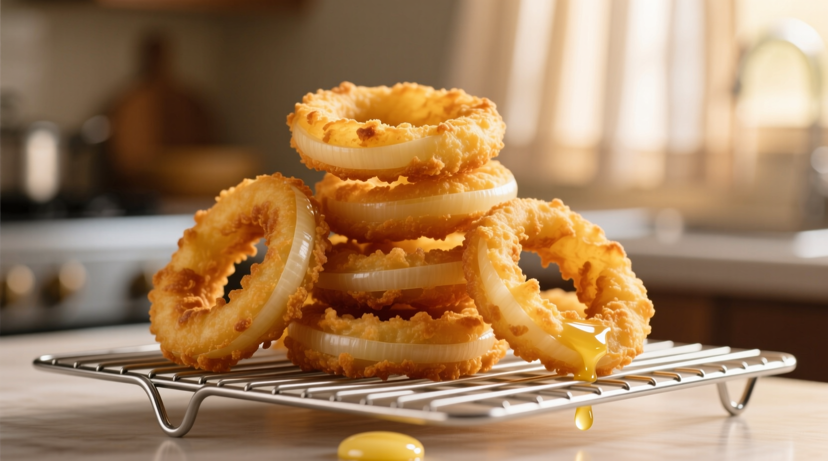 Perfect golden onion rings on wire rack